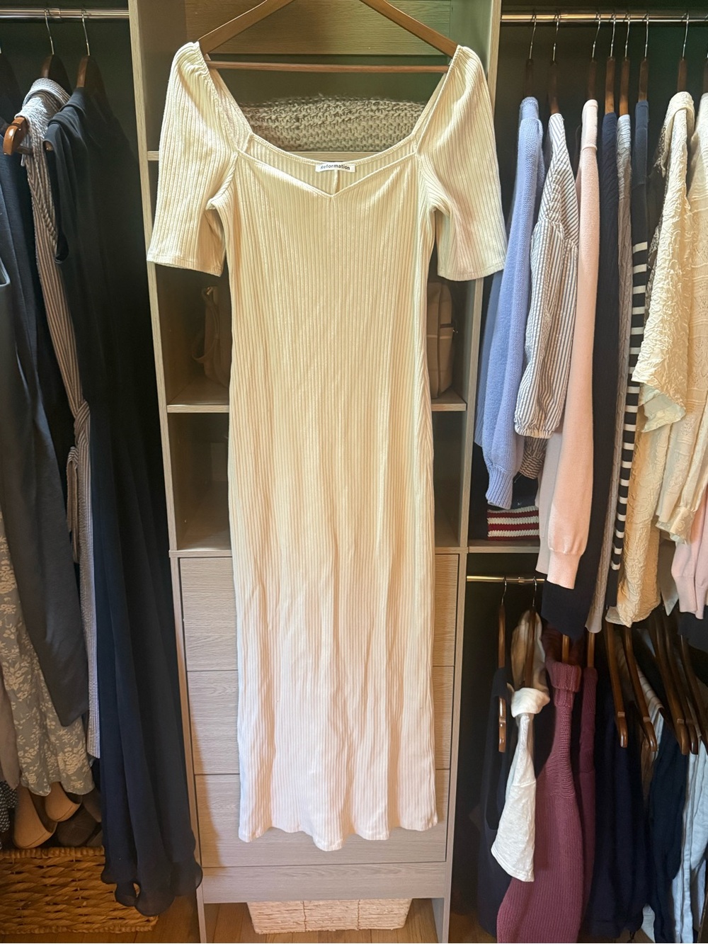 Reformation Cream Ribbed Off-Shoulder Maxi Dress